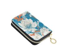 KLL Fresh Floral Pattern White Blue Art Deco Style Leather Card Wallet with 9 Cards Slot RFID Blocking Men's Card & id Cases with Zipper