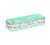 KLL Fun Summer Surfing T-rex Dinosaur Designed Clear Plastic Pencil Box | Double-Deck Transparent Hard Pens Case,For Craft Art,With Lid