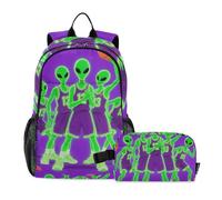 KLL Funny Green Aliens Play Basketball Bookbag For Teen Girls With Lunchbox Boy School Backpack With Lunch Box 10-12