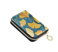 KLL Gingko Leaf Blue Art Painting Leather Credit Card Wallet for Men with Cion Purse RFID Blocking Womens Card Holder with Zipper