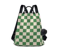 KLL Grass Green And Beige Checkerboard Pattern Fashion backpack for travel Anti-theft backpack for women college for Daily College Shopping with Pom-pom keychain