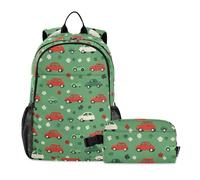 KLL Green Clovers Red Cars Backpack And Lunch Bag Set For Teen Girls Boys Backpacks And Lunch Box age 8-10 years old
