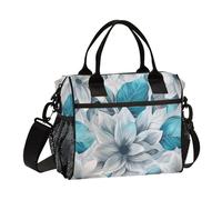 KLL Grey and Teal Floral Leaves on White Fabric Thermal Large Lunchbox with Shoulder Strap Mens Lunchbox for Work for Outdoor Bolsa termica para comida Caliente