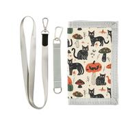 KLL Halloween Cats Pumpkins Mushrooms Bold Linework Trifold Mens Wallets Gifts for Young Simple Lighweight Mens Wallet with Lanyard