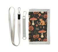 KLL Halloween Cats Pumpkins Mushrooms Bold Linework Trifold Wallets for Men Gifts for Young Unique Colorful Money Clip Wallet with Lanyard