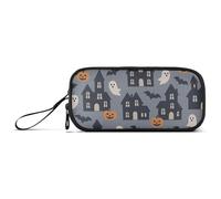 KLL Halloween Pattern Haunted Houses on Gray Nylon Pencil Bag with Handle Big Capacity Pen Pencil Case Stationery Bag for College Preppy