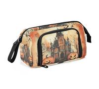 KLL Halloween Pumpkin Black Orange Spooky Haunted House Large Pencil Case Large Capacity Cute Pencil Bag with Compartment for Teen Girls Cosmetics