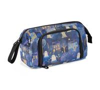 KLL Halloween Villages Blue Illustration Cut School Pencil Case Large Capacity Make Up Bag with Slot for Teen Boys College