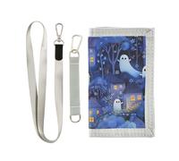 KLL Halloween Villages Blue Illustration Cut Trifold fold Wallets for Men for Womans Trendy Casual Wallets with Lanyard