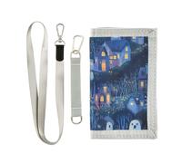 KLL Halloween Villages Blue Illustration Cut Trifold Holder with Money Clip for Credit Cards Cool Colorful fold Wallets with Lanyard