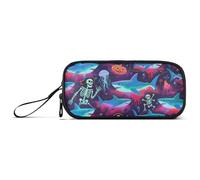 KLL Happy Halloween Blue Shark Skull Nylon Big Pencil Bag Large Capacity Pen Pencil Case Stationery Organizer for Office Men