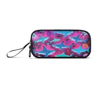KLL Happy Halloween Blue Shark Skull Nylon Large Pencil Bag for Boys High Capacity Large Pencil Case Stationery Bag for Preppy School Teacher