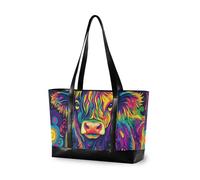 KLL Highland Cow Colorful Psychedelic professional womens laptop tote bag with zipper teacher tote bag Large Handbag for Travel Pool Swim Beach Vacation Necessities with estuche para