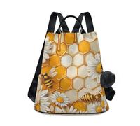 KLL Honeycomb Background With Bees And Daisies Fashion backpack middle school multipurpose laptop backpacks for women for Daily College Shopping with Pom-pom keychain
