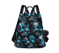 KLL Horror Skull Blue Neon Eyes Fashion girl backpacks multipurpose backpack for women purse for Daily College Shopping with Pom-pom keychain