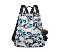 KLL Horror Skull Blue Neon Eyes Fashion high school backpacks trendy laptop backpack for women for Daily College Shopping with Pom-pom keychain