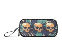 KLL Human Skulls Green Monstera Deliciosa Leaves Nylon Girls Pencil Bag Large Capacity Pencil Case for School Stationery Organizer for Elementary Teen Boys