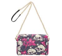 KLL Human Skulls Hot Pink Lily Flowers Dark Style Fashion Crossbody Small Bags For Women Vegan Leather Cross Over Purse Zip Shoulder Crossover Bag