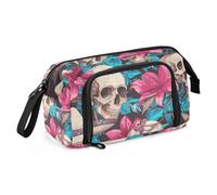 KLL Human Skulls Hot Pink Lily Flowers Pencil Pouches Large Capacity School Pencil Cases with Slot for Boys Back to School Supplies