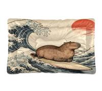 KLL Japanese Ocean Sea Wave Surfing Groundhog Washable Dog Cat Bed Non-Slip Soft Comfortable Dog Crate Pad for Medium/Large Dogs 24" x 18"
