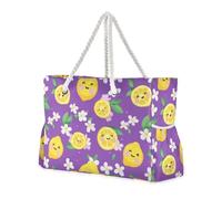 KLL kawaii-style Lemon Fruit Purple Sandproof foldable beach bag with zipper large work tote bags for women Top Beach Bag Pool Bag Work Shopping
