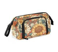 KLL Large Pencil Case Large Capacity Cool Pencil Cases Portable Pencil Case with Compartments for Teen Boys Cosmetics Spring Flowers Sunflower Dahlia Daylily Terracotta