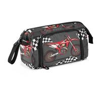 KLL Large Pencil Case Large Capacity Red Dirt Bikes and Checkered Flags