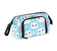 KLL Large Pencil Case Large Capacity White Cat Blue Eyes Pink Roses