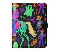 KLL leather lined composition notebook college ruled spiral for planning water proof cover Happy Halloween Cowboy Skeleton 6.7×9.2 inches
