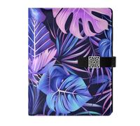 KLL leather lined composition notebook journal notebook for working delicate Indigo and Purple Tropical Leaves 6.7×9.2 inches