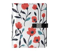 KLL leather lined composition notebook notebook college ruled for diary water proof cover Red Flower Black Leaves Retro Cartoon 6.7×9.2 inches