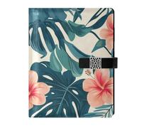 KLL leather lined composition notebook spiral notebook college for planning portable Tropical Style Green Leaves Red Flower 6.7×9.2 inches