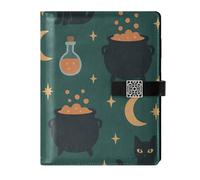 KLL leather lined composition notebook subject notebook college for journal delicate Halloween Black Cats and Moon Pattern Green 6.7×9.2 inches