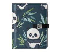KLL leather lined journal notebook college ruled spiral for travelling delicate Cute Pandas Green Leaves 6.7×9.2 inches