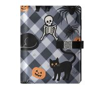 KLL leather lined journal notebook notebook college ruled for college water proof cover Halloween Black Checkered Pumpkin Cat Skull 6.7×9.2 inches