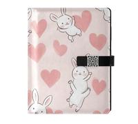 KLL leather lined journal notebook notebooks college ruled for diary delicate Light Pink Heart - Shaped Cartoon White Rabbits 6.7×9.2 inches