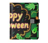 KLL leather lined notebook college college ruled spiral for travelling water proof cover Halloween Green and Black Pumpkin 6.7×9.2 inches