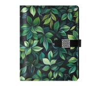 KLL leather lined notebook college journal notebook for working delicate Green Leaves Black Background 6.7×9.2 inches