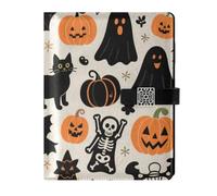KLL leather lined notebook college notebooks college ruled for planning water proof cover Happy Halloween Black Cat 6.7×9.2 inches