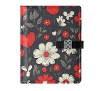 KLL leather lined notebook college subject college ruled for planning portable Red and White Romantic Flowers for Valentine 6.7×9.2 inches