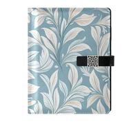 KLL leather lined notebook journal journal notebook for journal water proof cover Light Blue and White Leaves Pattern 6.7×9.2 inches