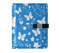KLL leather lined notebook journal leather notebook for working delicate Blue Butterfly and Flowers 6.7×9.2 inches