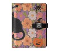 KLL leather lined notebook journal notebook college ruled for journal portable Happy Halloween Black Cat Pumpkin 6.7×9.2 inches