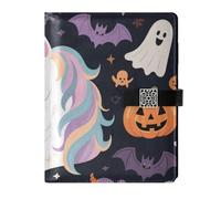 KLL leather lined ruled notebook college ruled notebook for working water proof cover Happy Halloween White unicorns 6.7×9.2 inches