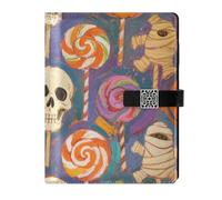 KLL leather lined ruled notebook college ruled spiral for journal portable Halloween Yellow Pumpkin Skull Candy 6.7×9.2 inches