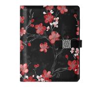 KLL leather lined spiral notebook college ruled notebooks for college water proof cover Black and Red Japanese Cherry Blossoms 6.7×9.2 inches