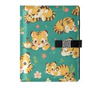 KLL leather lined spiral notebook leather notebook for college portable Cartoon Cunning Tigers Green 6.7×9.2 inches