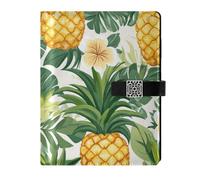 KLL leather lined spiral notebook notebook college ruled for college portable Tropical Pineapple Golden Yellow Green Palm Leaves Flower 6.7×9.2 inches