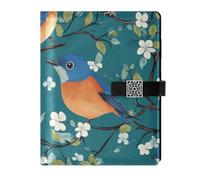 KLL leather lined spiral notebook subject college ruled for journal portable Sweet Eastern Blue Birds Teal White Cherry Blossom 6.7×9.2 inches
