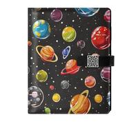 KLL leather lined spiral notebooks college ruled notebook for planning portable Black Background with Lots Of Little Cartoon Planets 6.7×9.2 inches